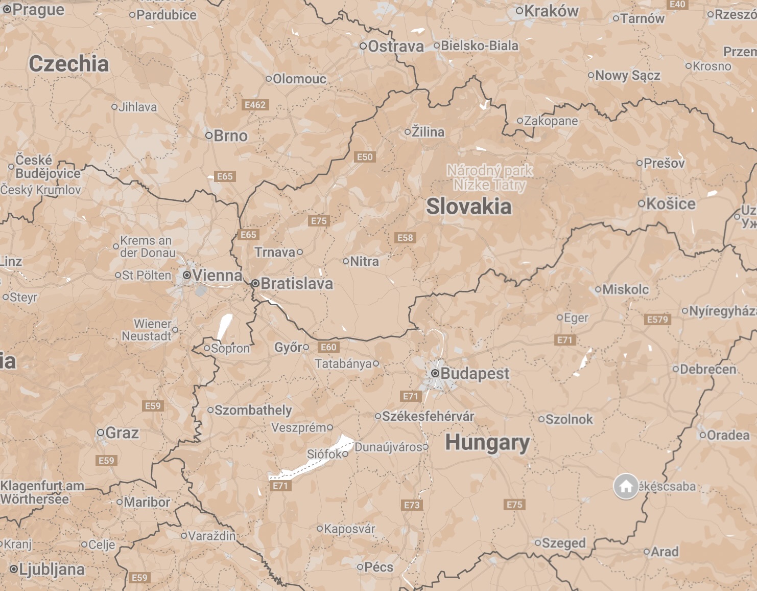 Map of Bekescsaba, Hungary.