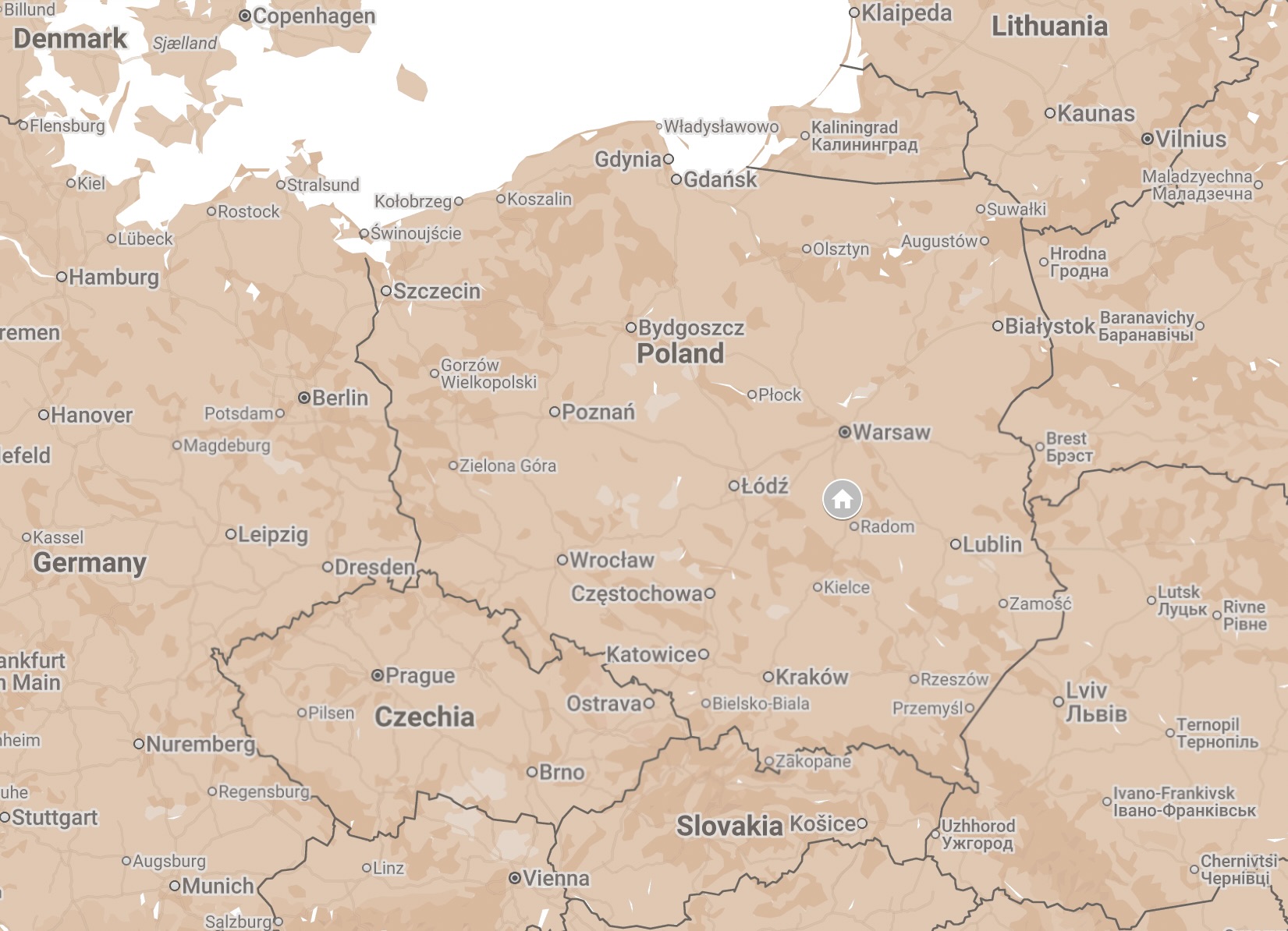 Map of Bialobrzegi, Poland.