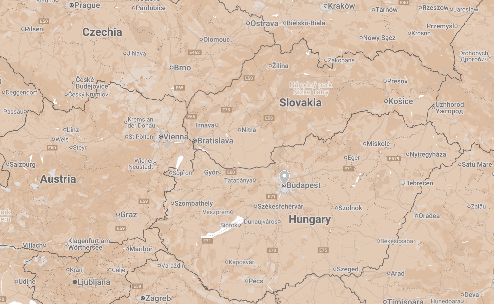 Map of the Budapest area, Hungary.