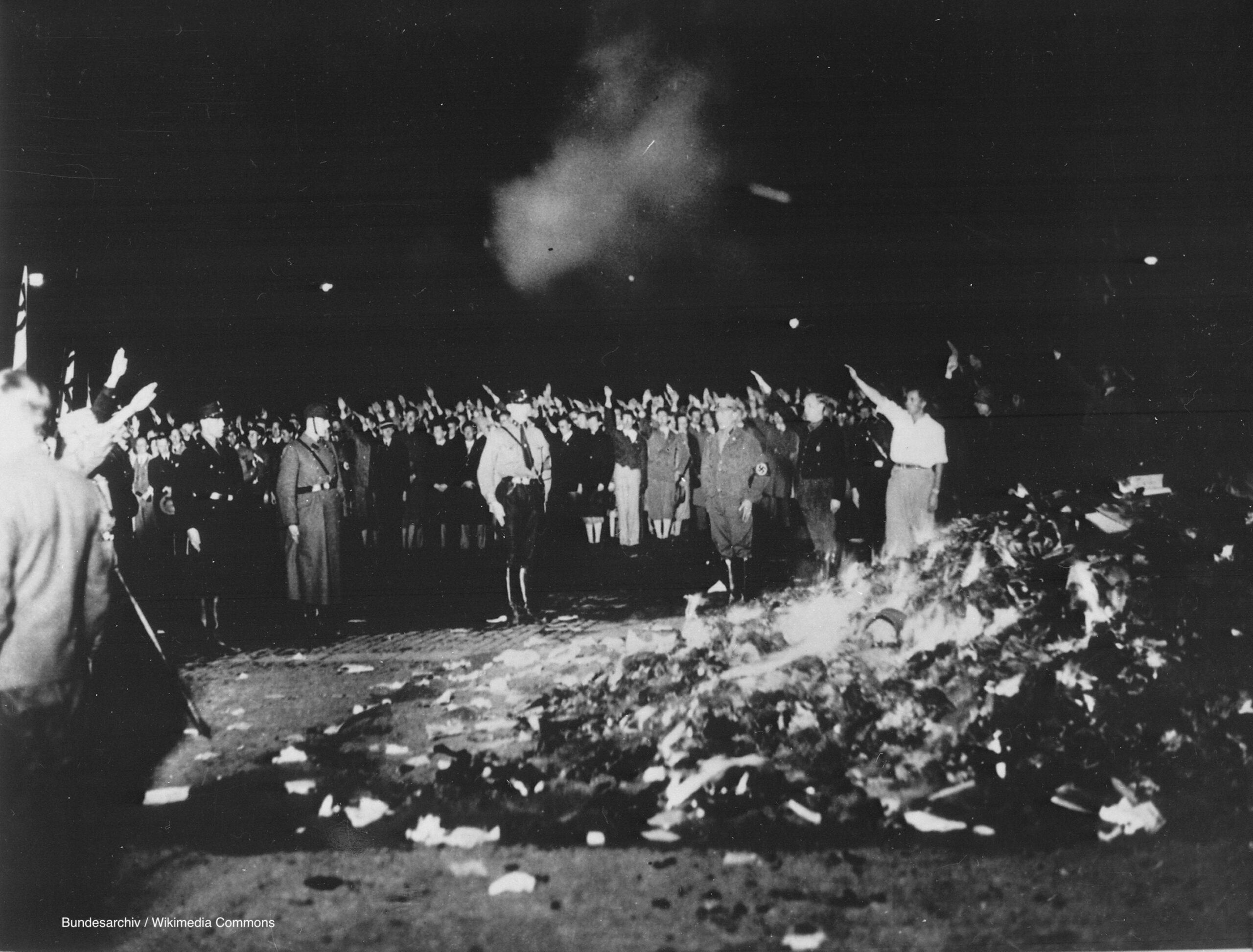 Photograph of book burning in Opernplatz in Berlin during the Nazi era.