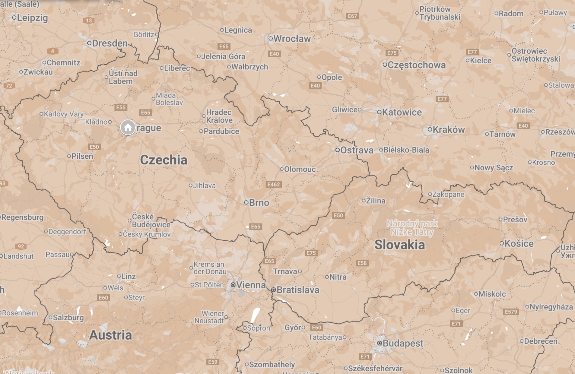 Map of Prague, Czechia.
