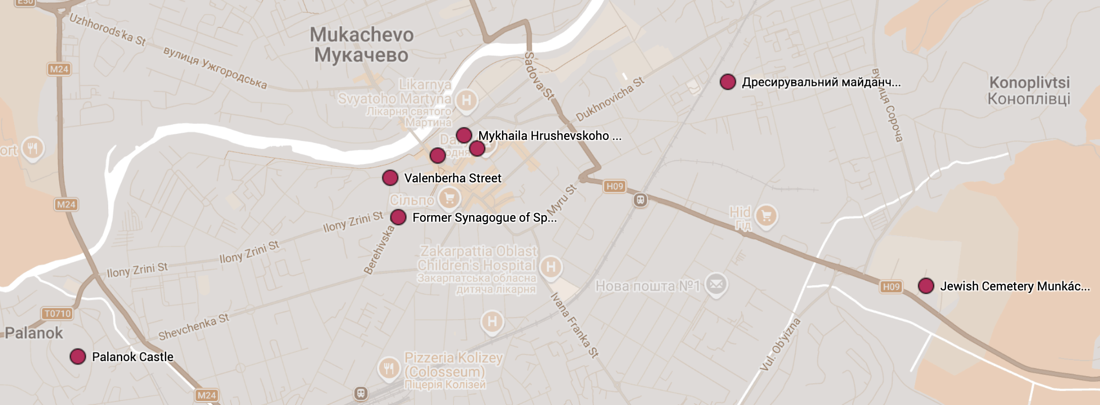 Map of central Mukachevo