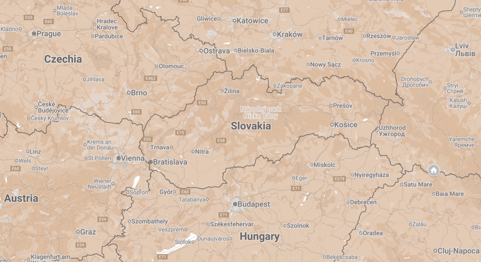 Map of Tiachiv, Ukraine.