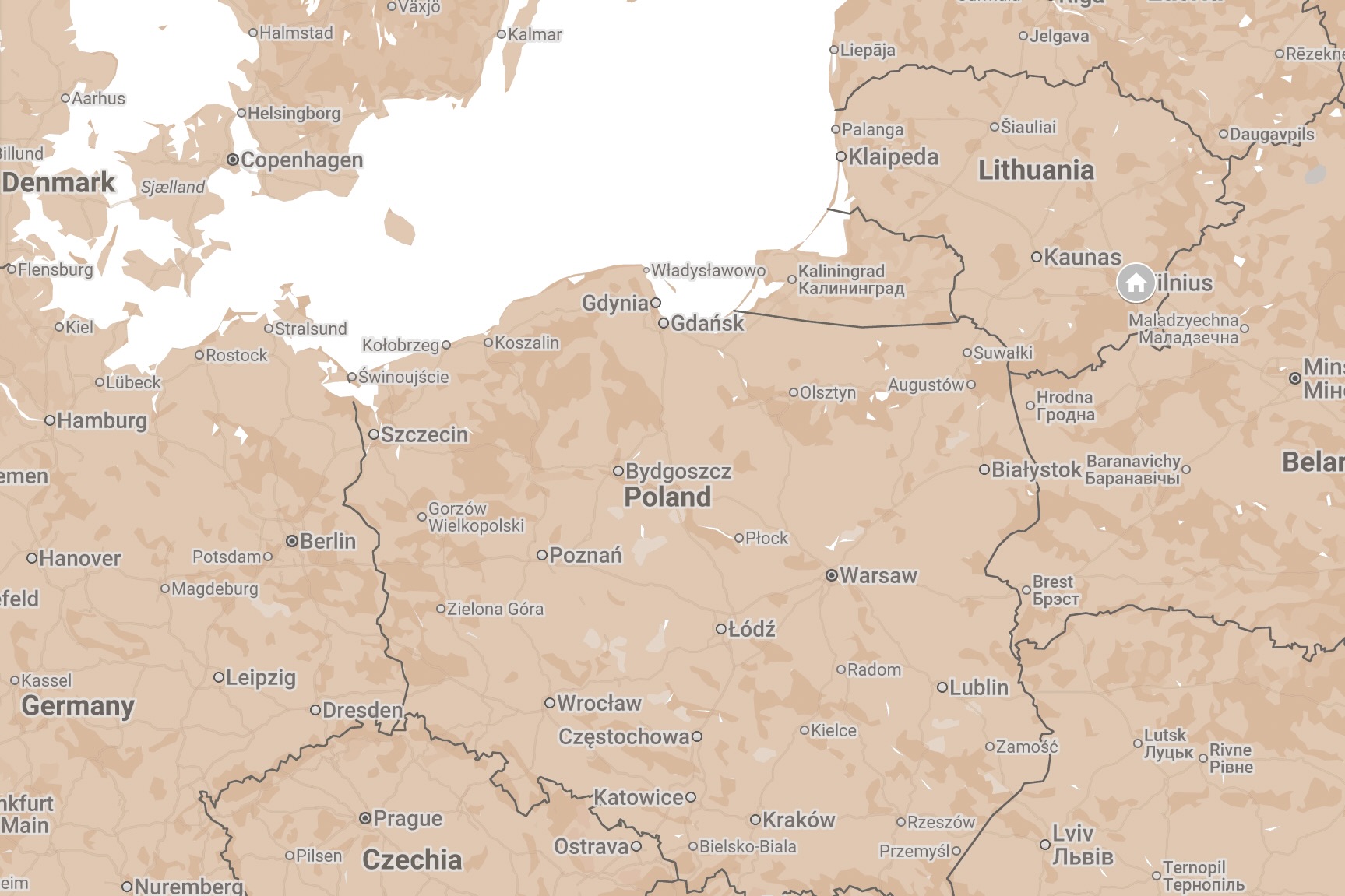 Map of Vilnius, Lithuania.