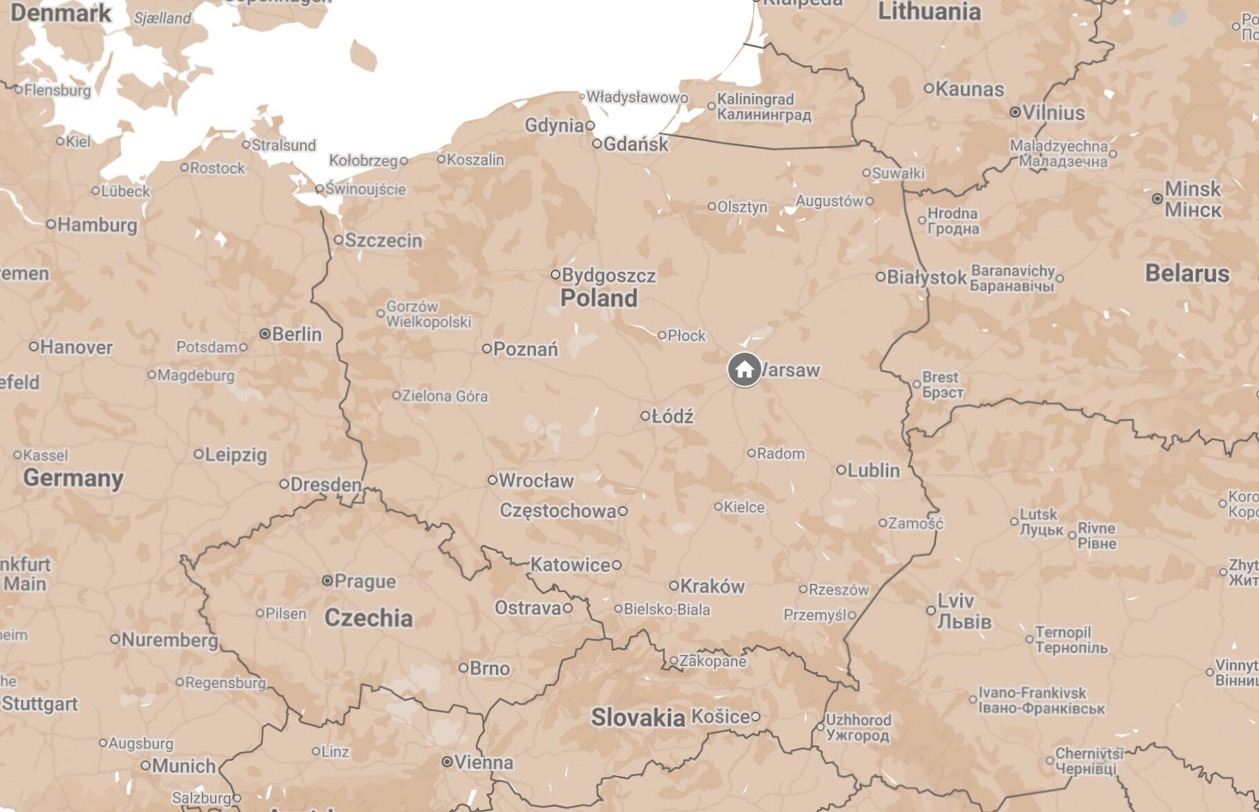 Map of Warsaw, Poland.