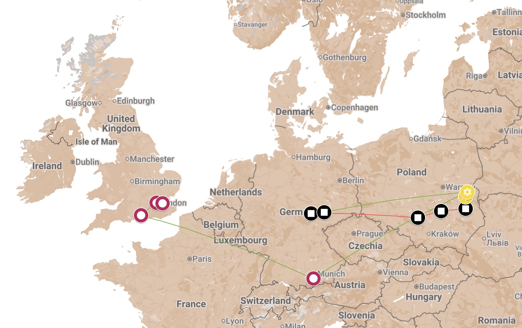Map of Eliasz Pfefferkorn's Journey 1939-1948.