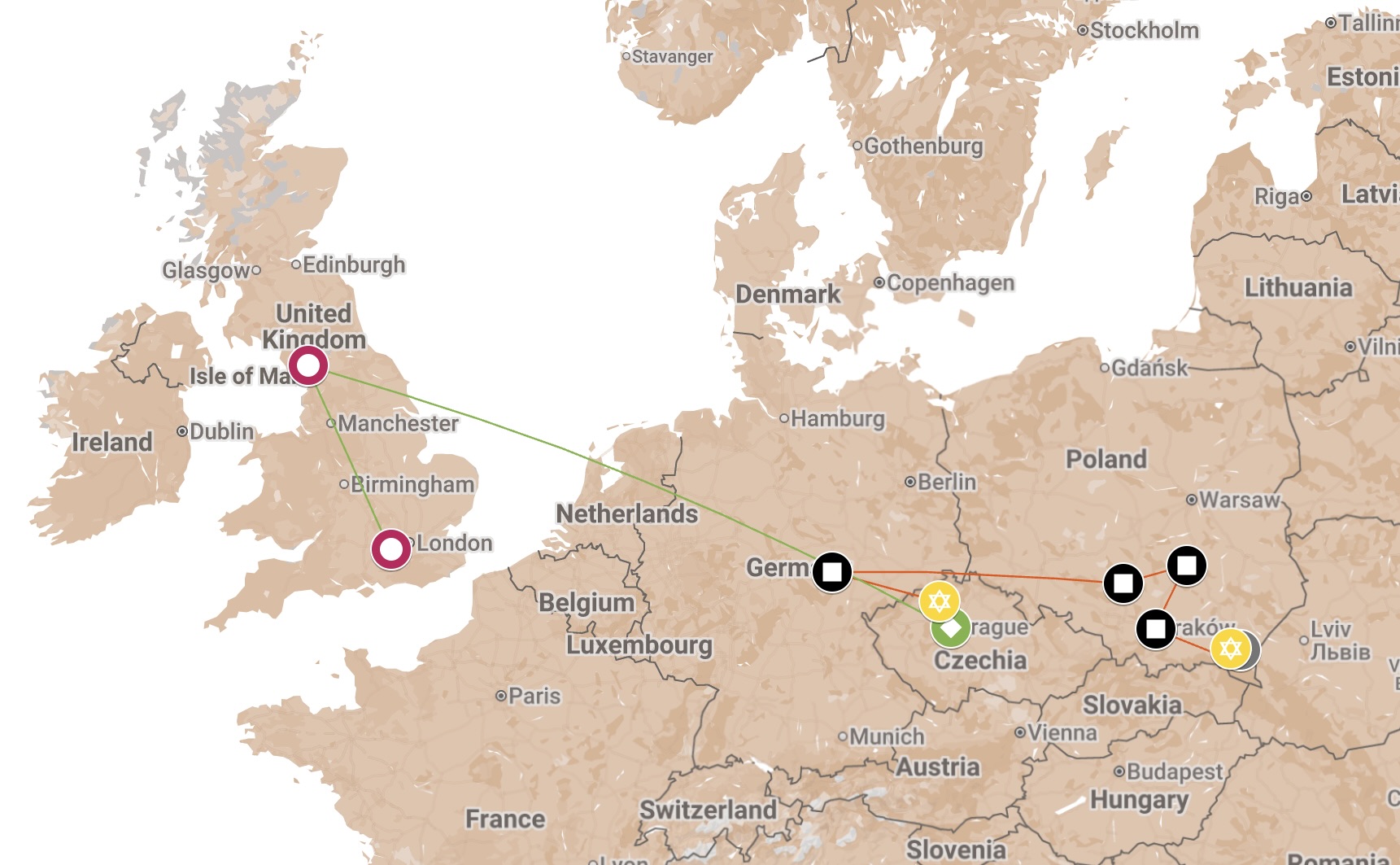 Map of Zvi Dagan's Journey 1939-1948.