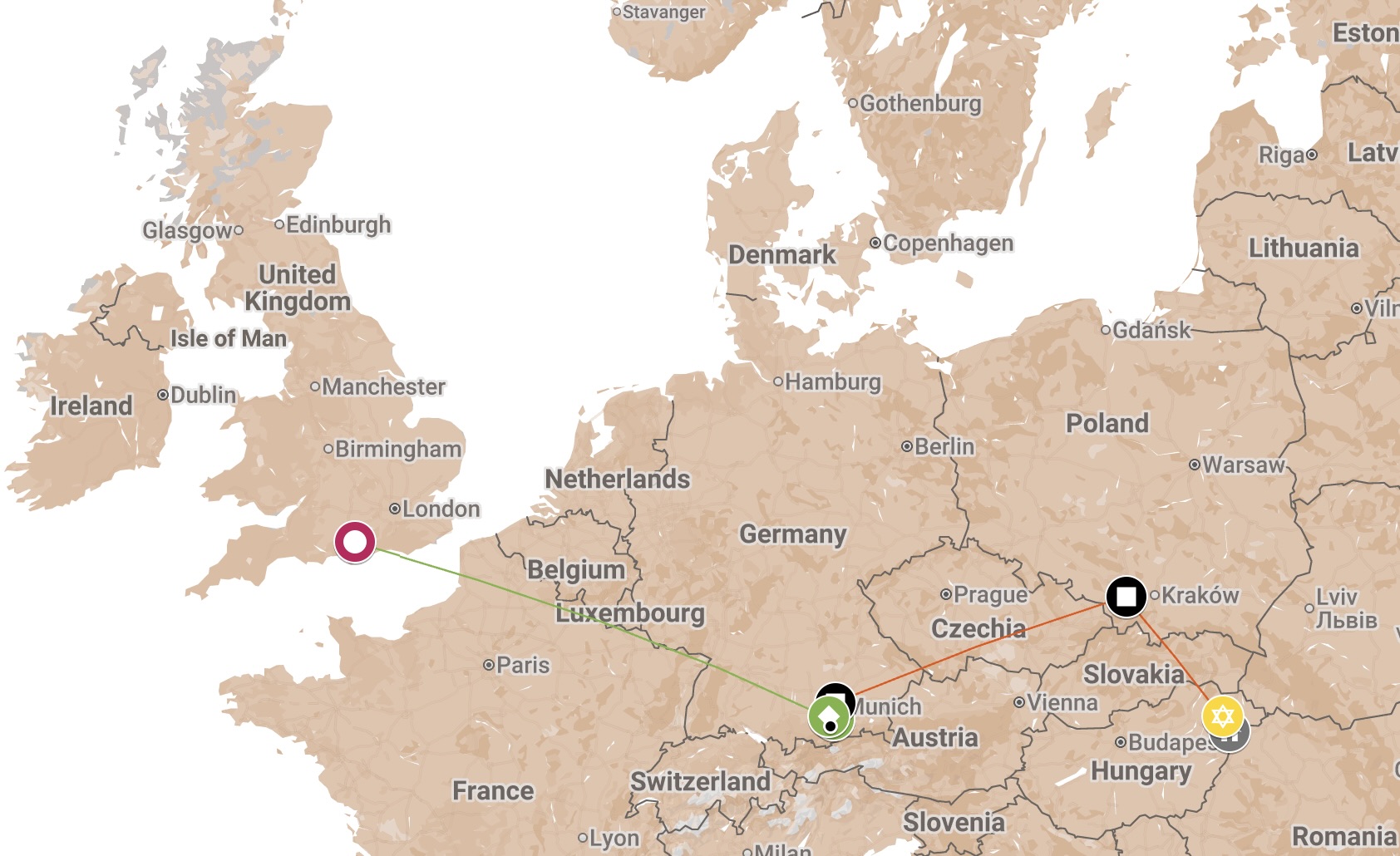 Map of Eugene Deutsch's Journey 1944-1948.