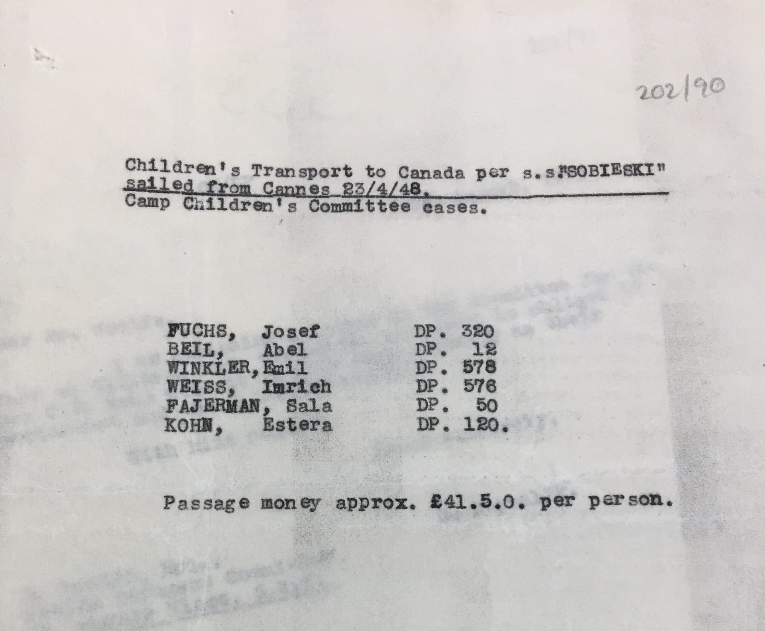List of children destined for the Canadian War Orphans Programme.