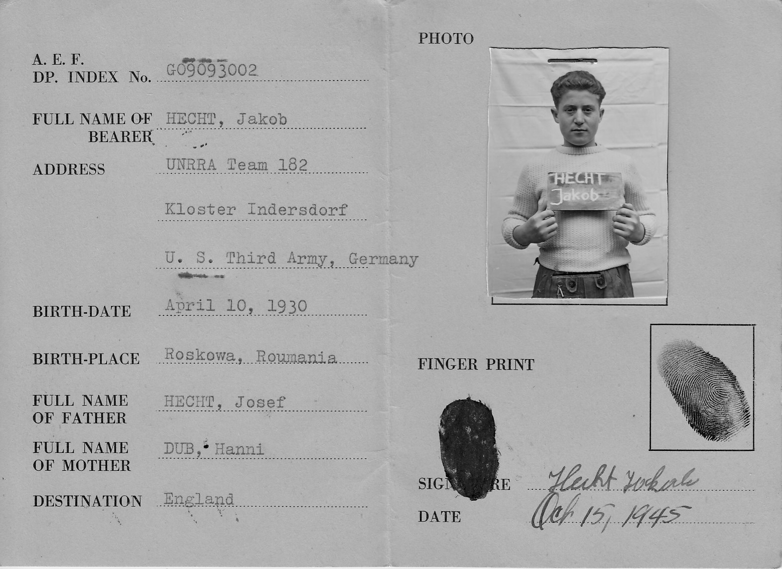 Photograph of Jacob Hecht ID from Kloster Indersdorf