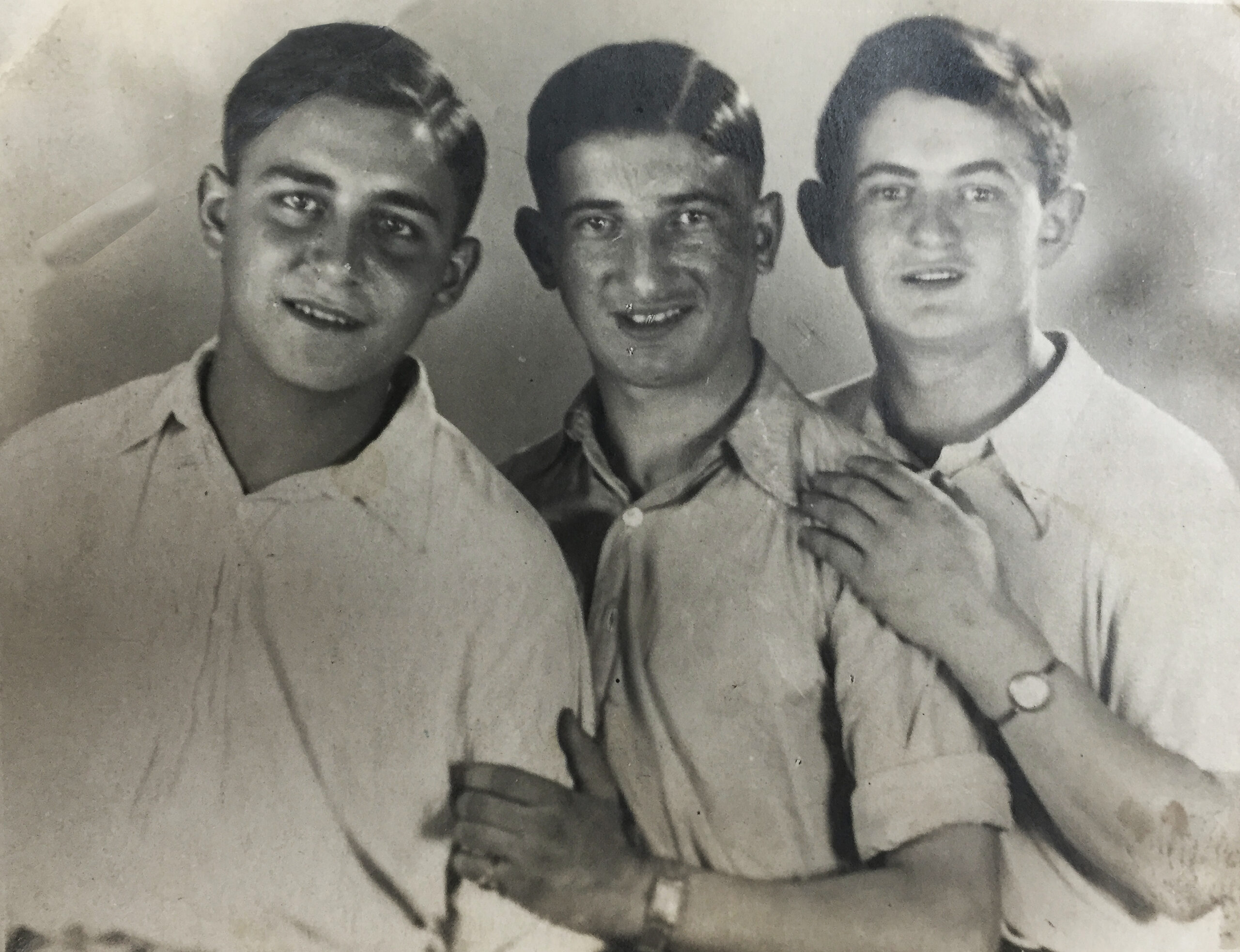 Photograph of (L-R) Harry Olmer, Schlomo Bronheim, Moniek Goldberg, Prague, August 1945.