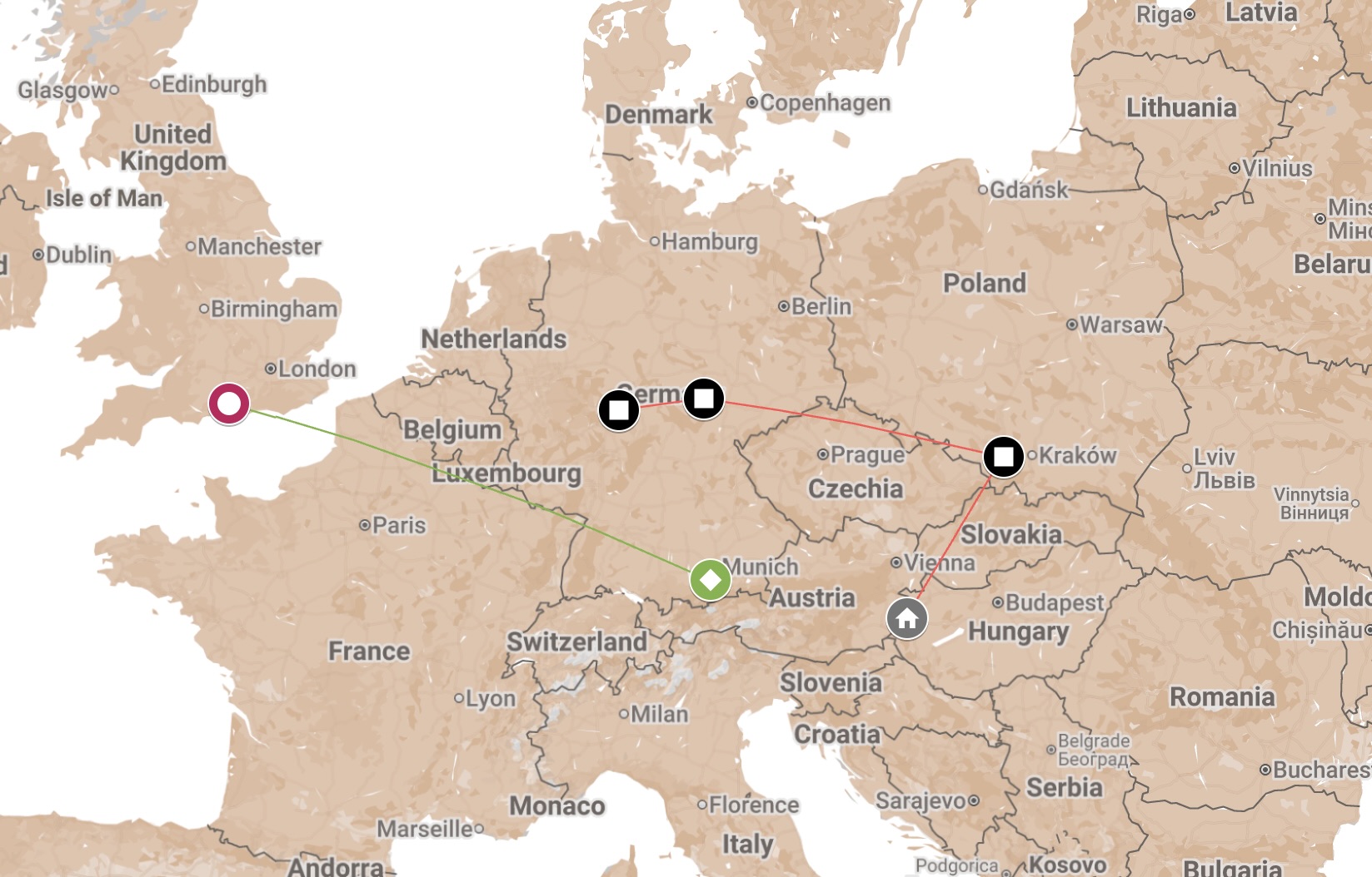 Map of Edith Wilhelm's Journey 1944-1948.