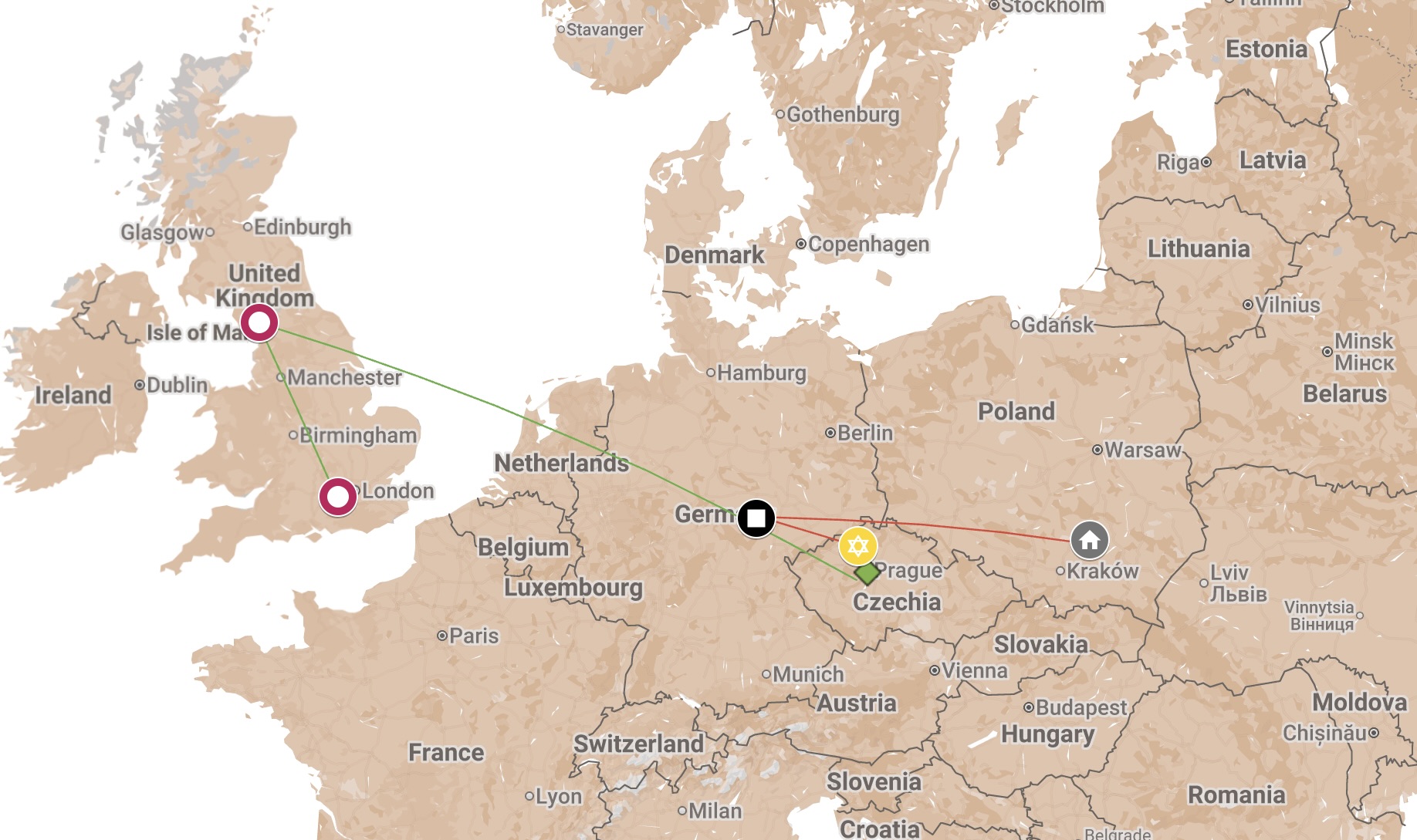 Map of Sidney Baker's Journey 1939-1948.