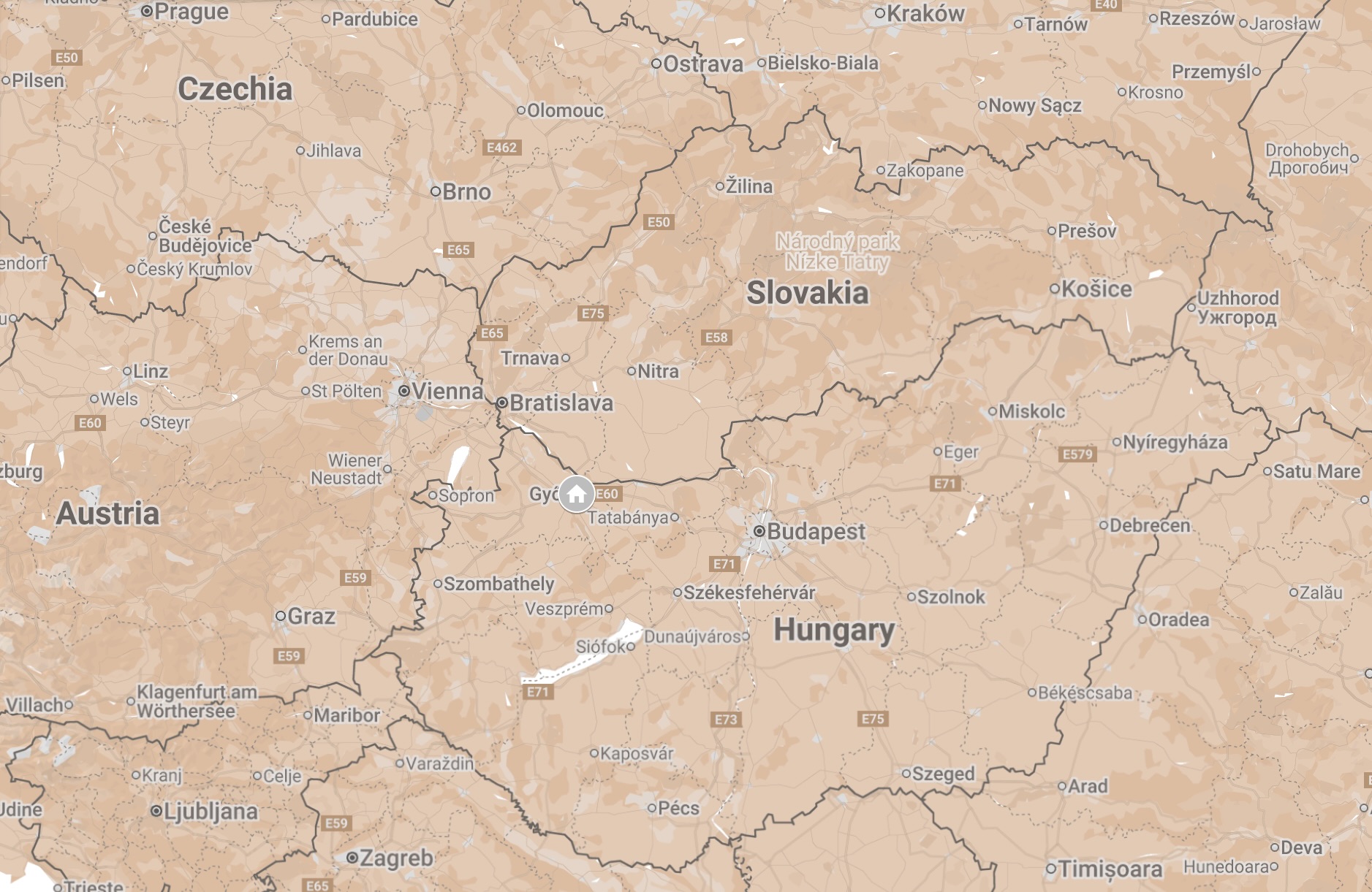 Map of Györ, Hungary.