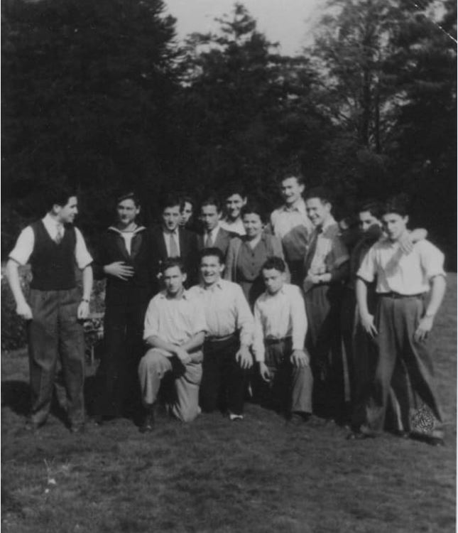 Photograph of the Loughton hostel 1946. (Standing third from left - Isaac Pomerance. Gerson Frydman, kneeling (left), and Paul Gast.
