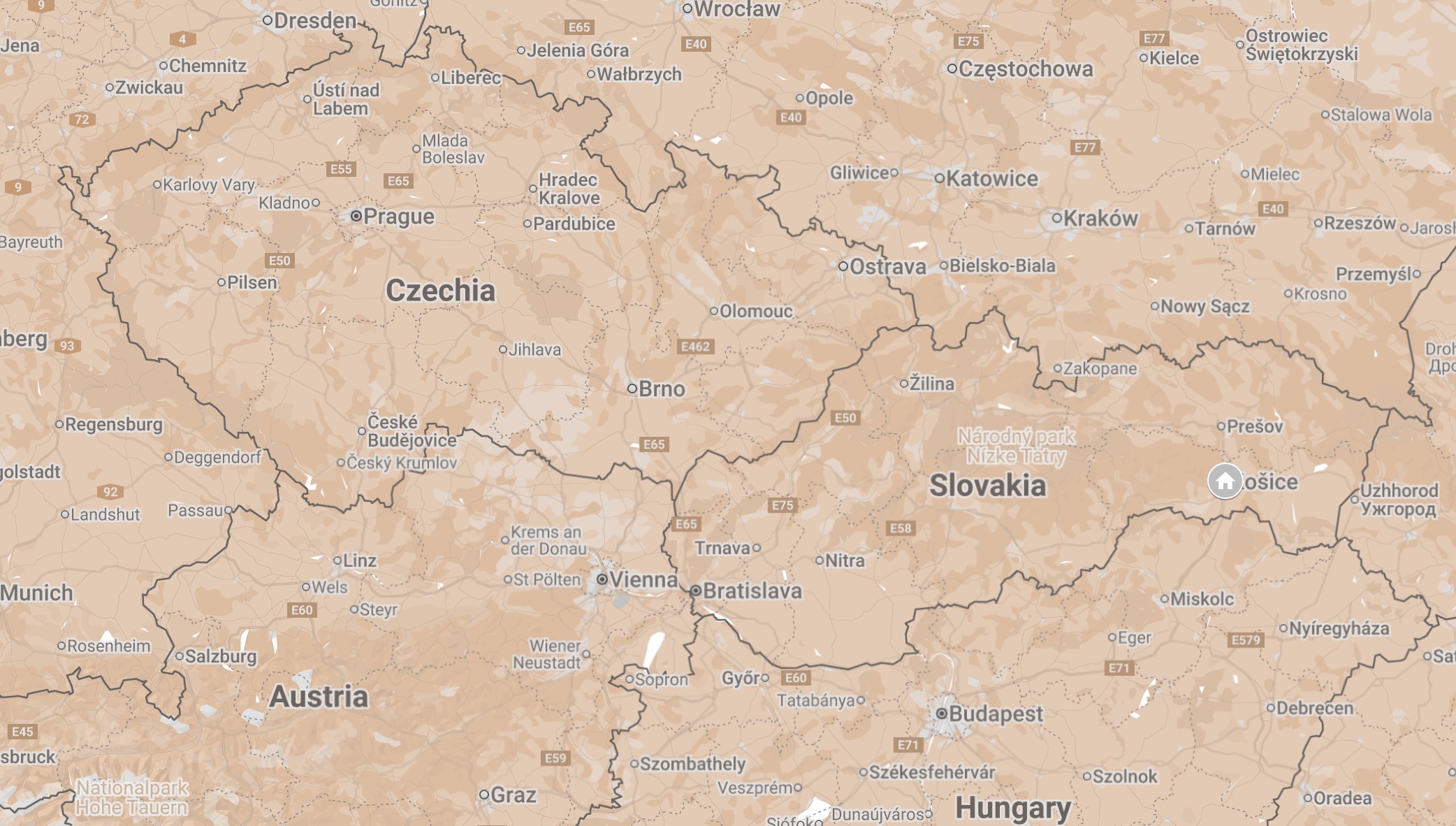 Map of Kosice, Slovakia.