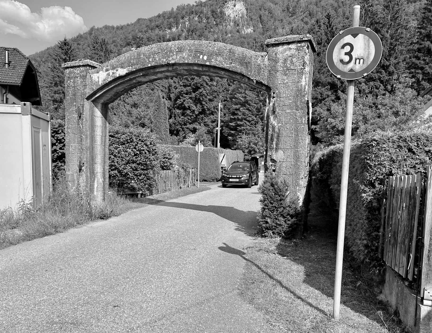 Photograph of the gate of the former Ebensee concentration camp, Austria.