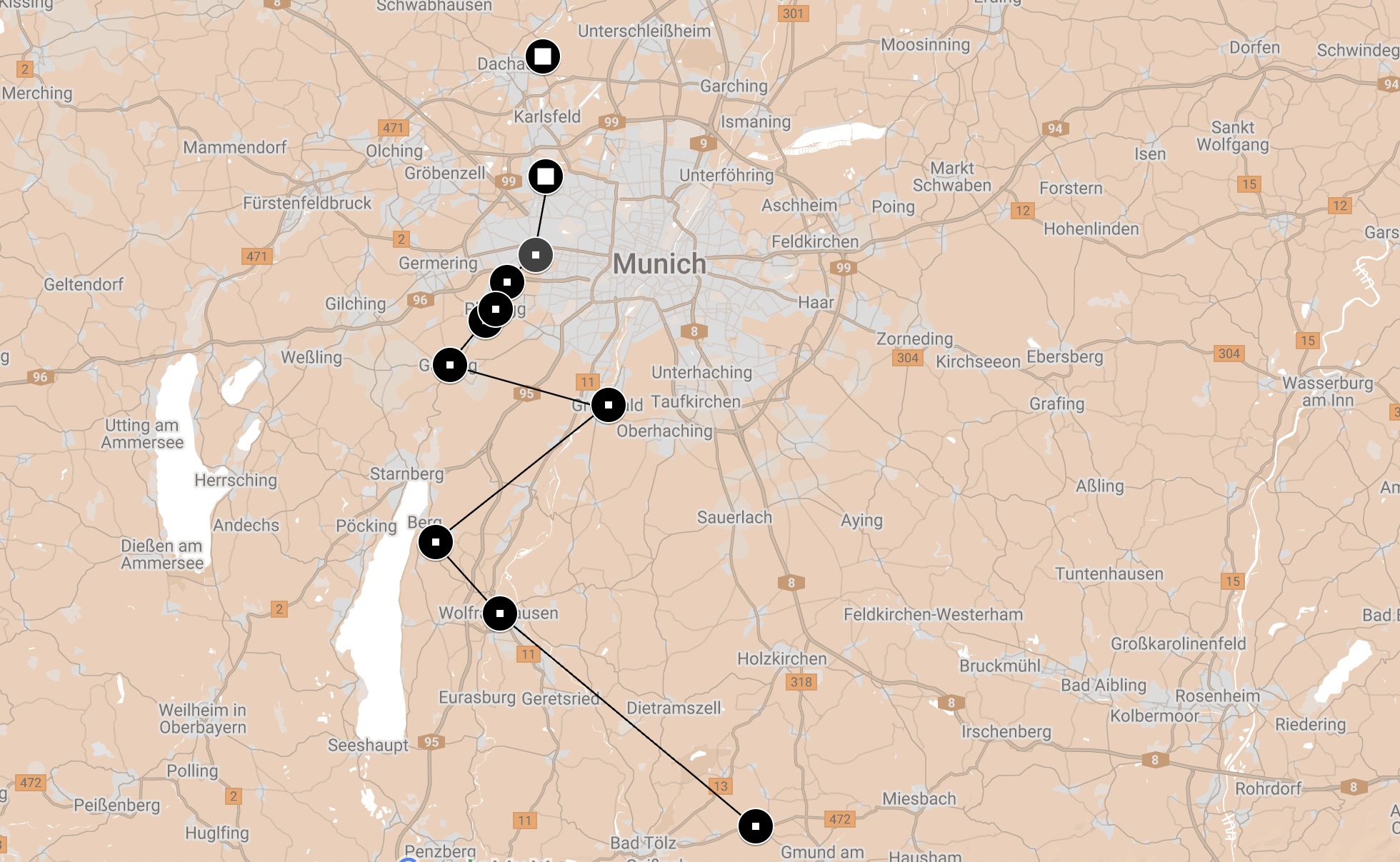 Map of Death march Allach to the Tyrol. Memorials are marked along the route.