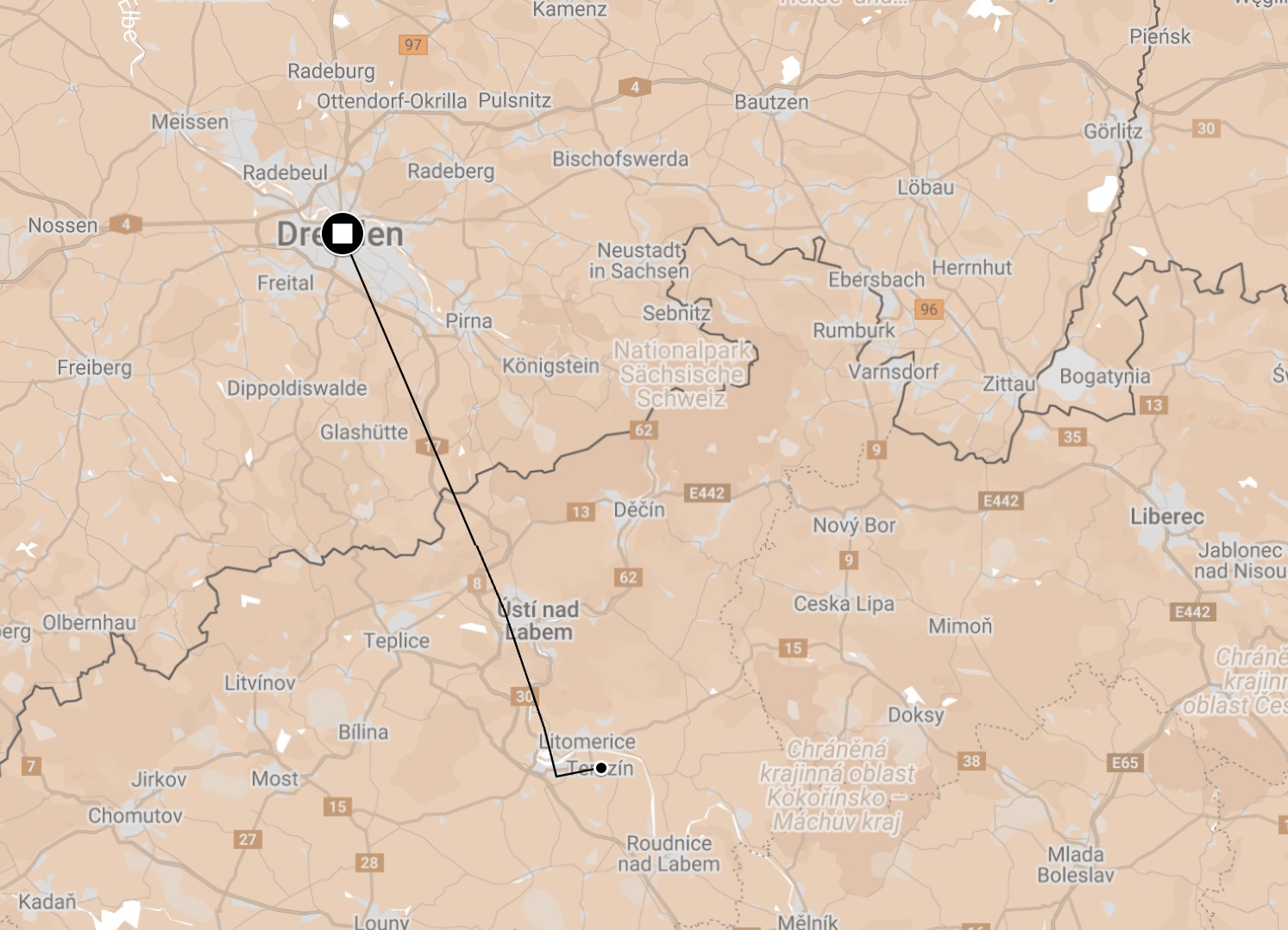 Map of Death March from Dresden Zschachwitz to Theresienstadt.