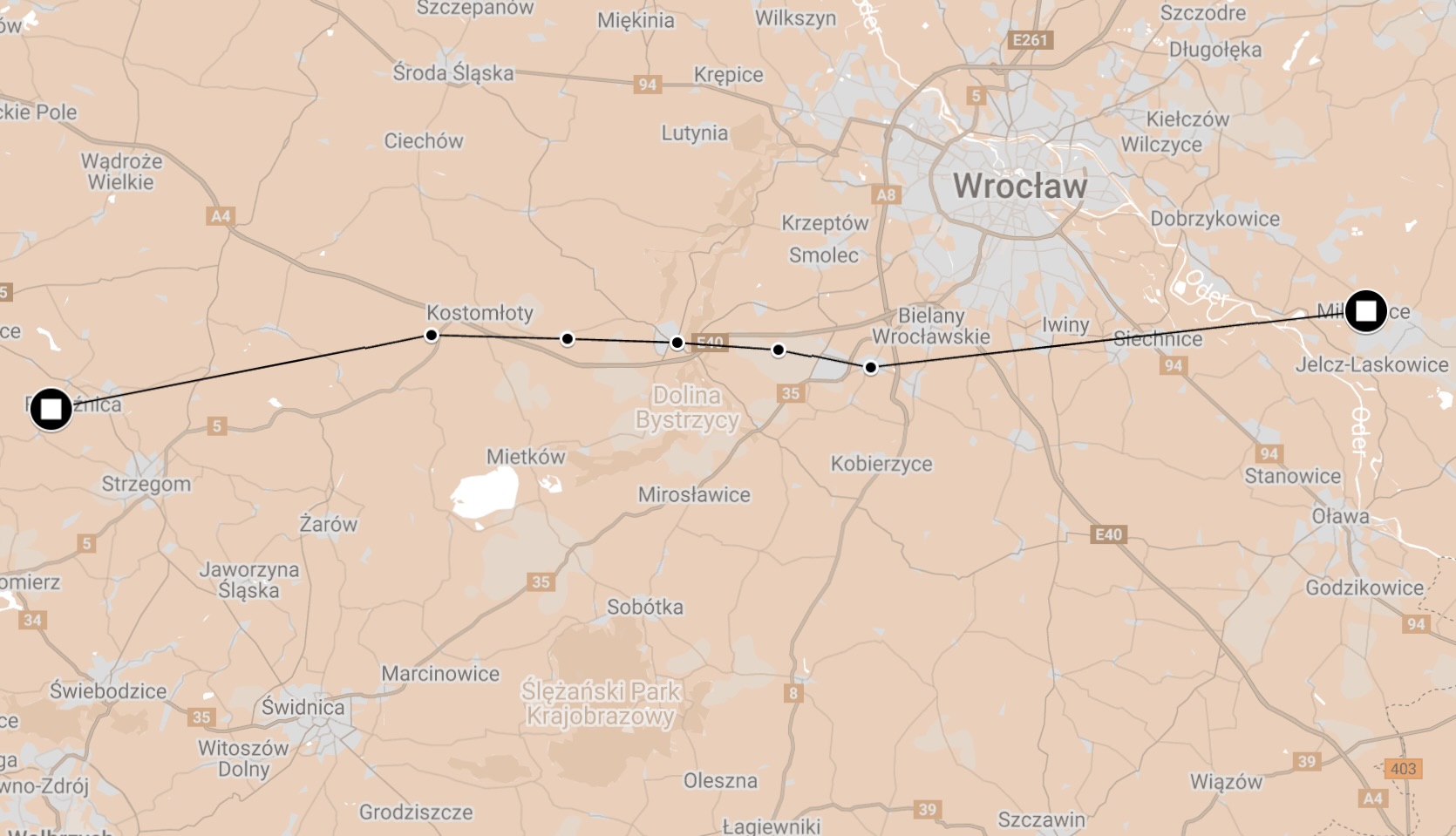 Map of Death March Funfteichen to Gross Rosen.
