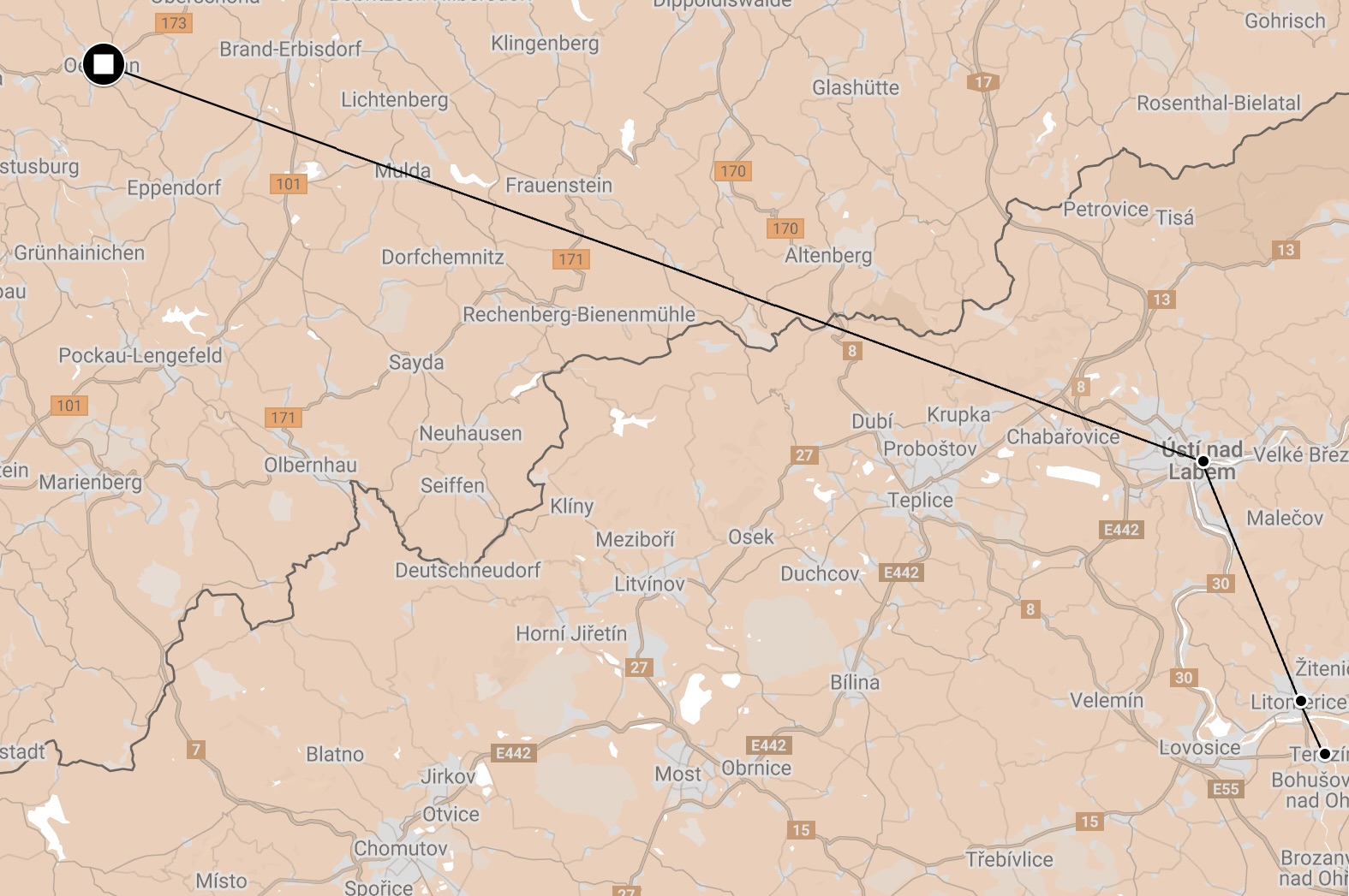 Map of Death Train Oederan to Theresienstadt.