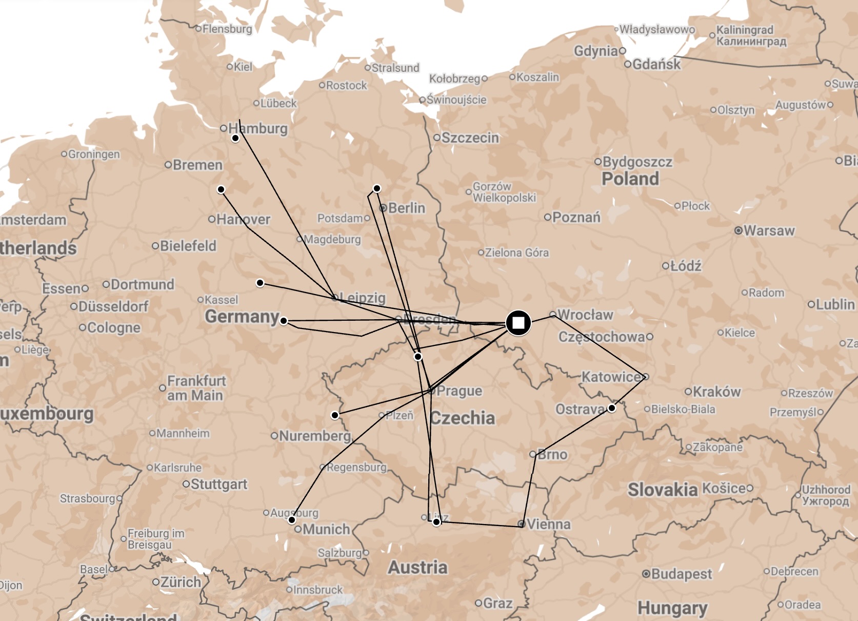 Map of Death Trains from Gross Rosen.
