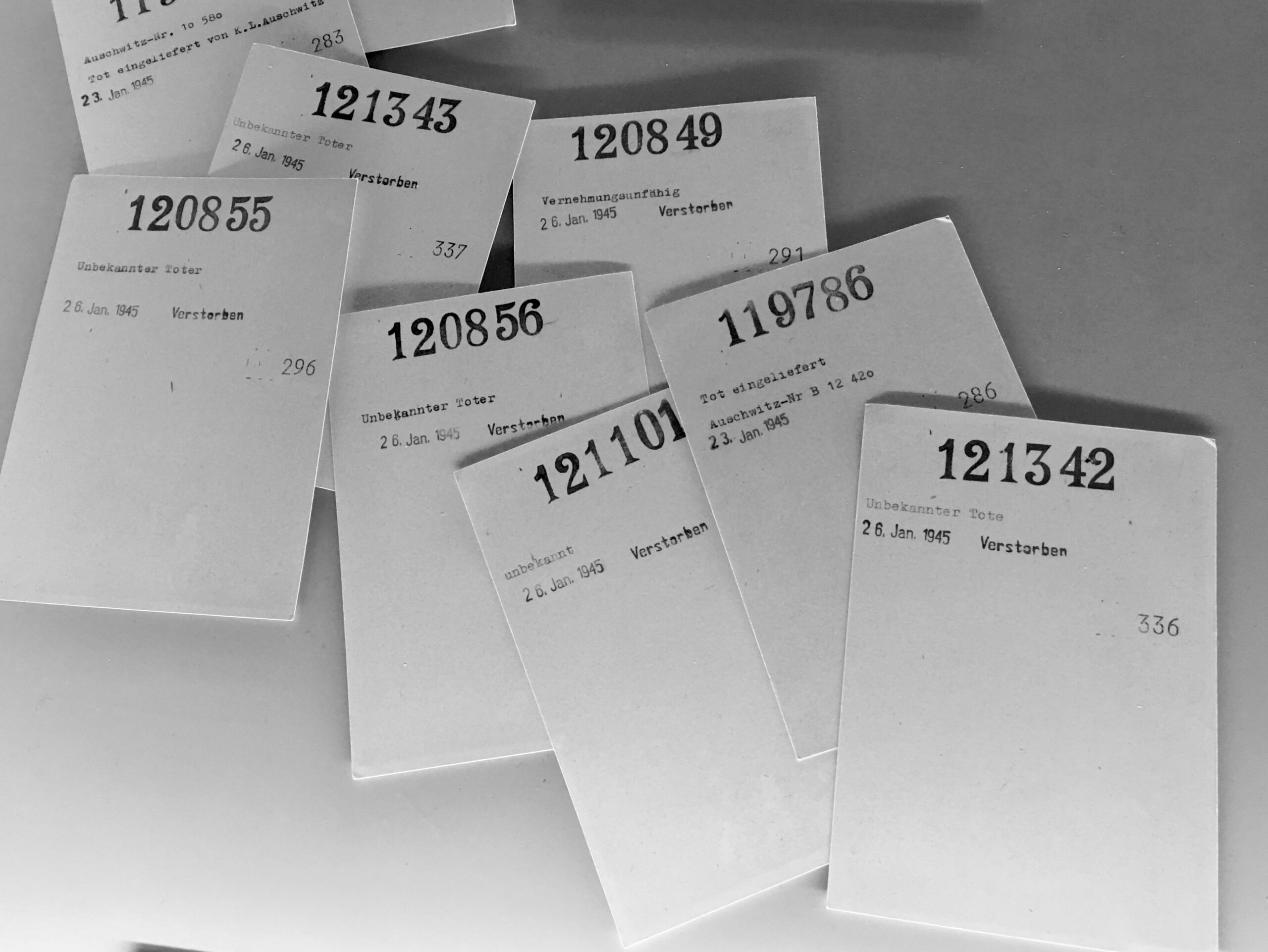 Photograph of prisoner cards from the former Buchenwald concentration camp in Germany.