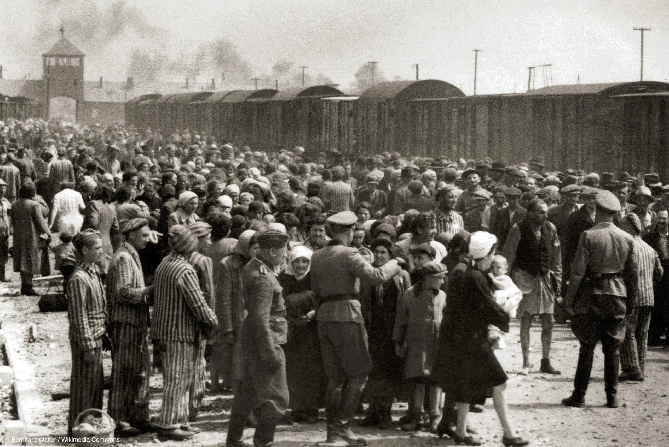 A photograph of a selection at the ramp in Auschwitz-Birkenau concentration camp 1944.