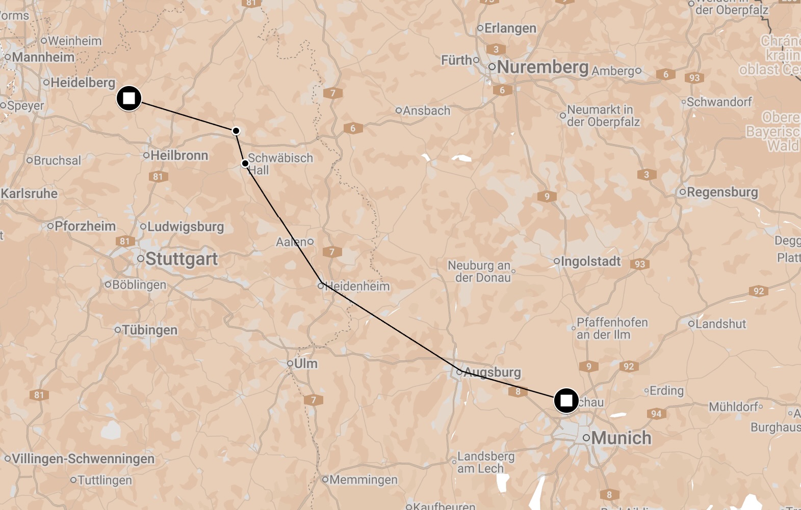 Map of Death March/Train from Neckarelz.