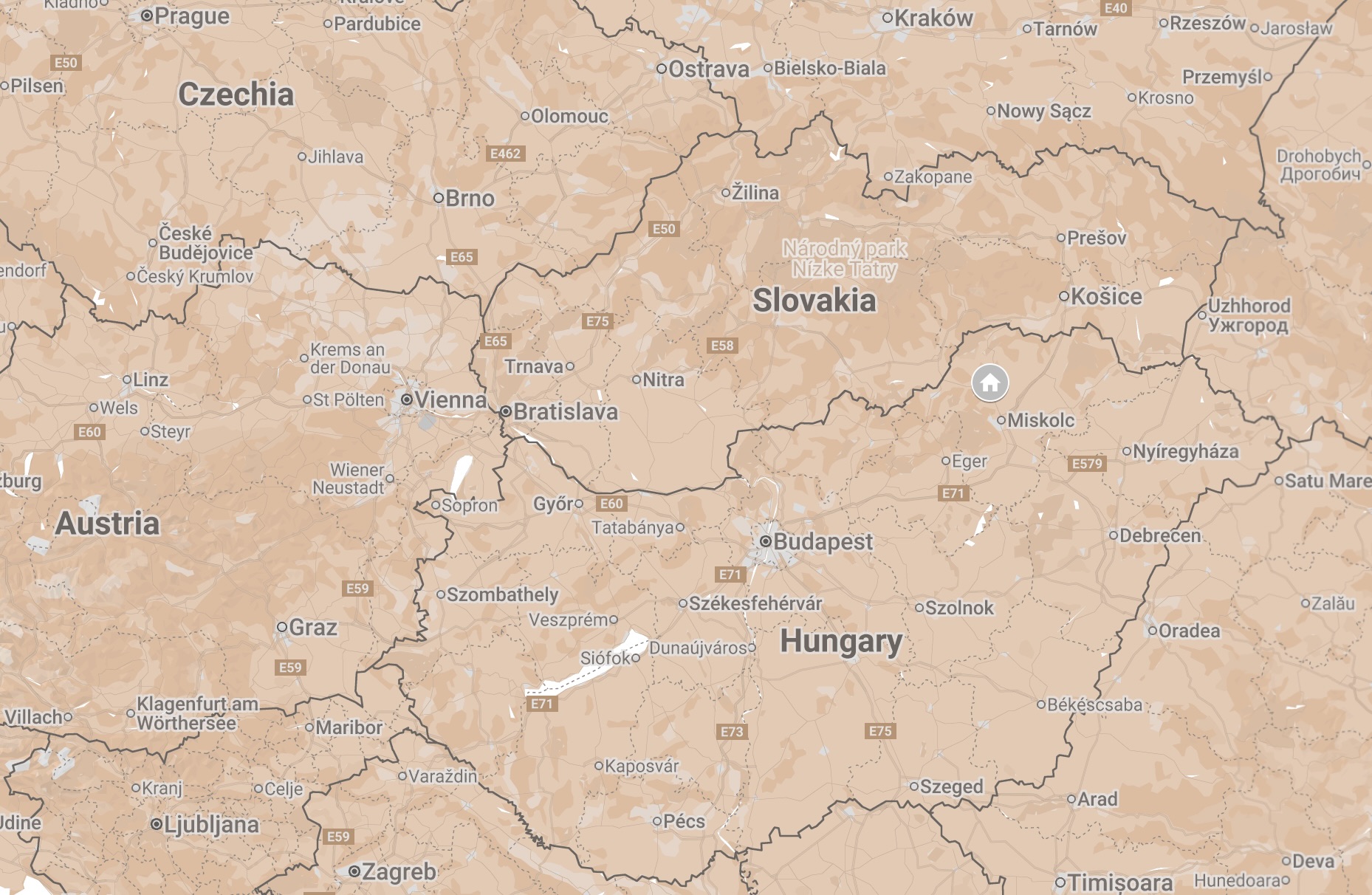 Map of Miskolc, Hungary.