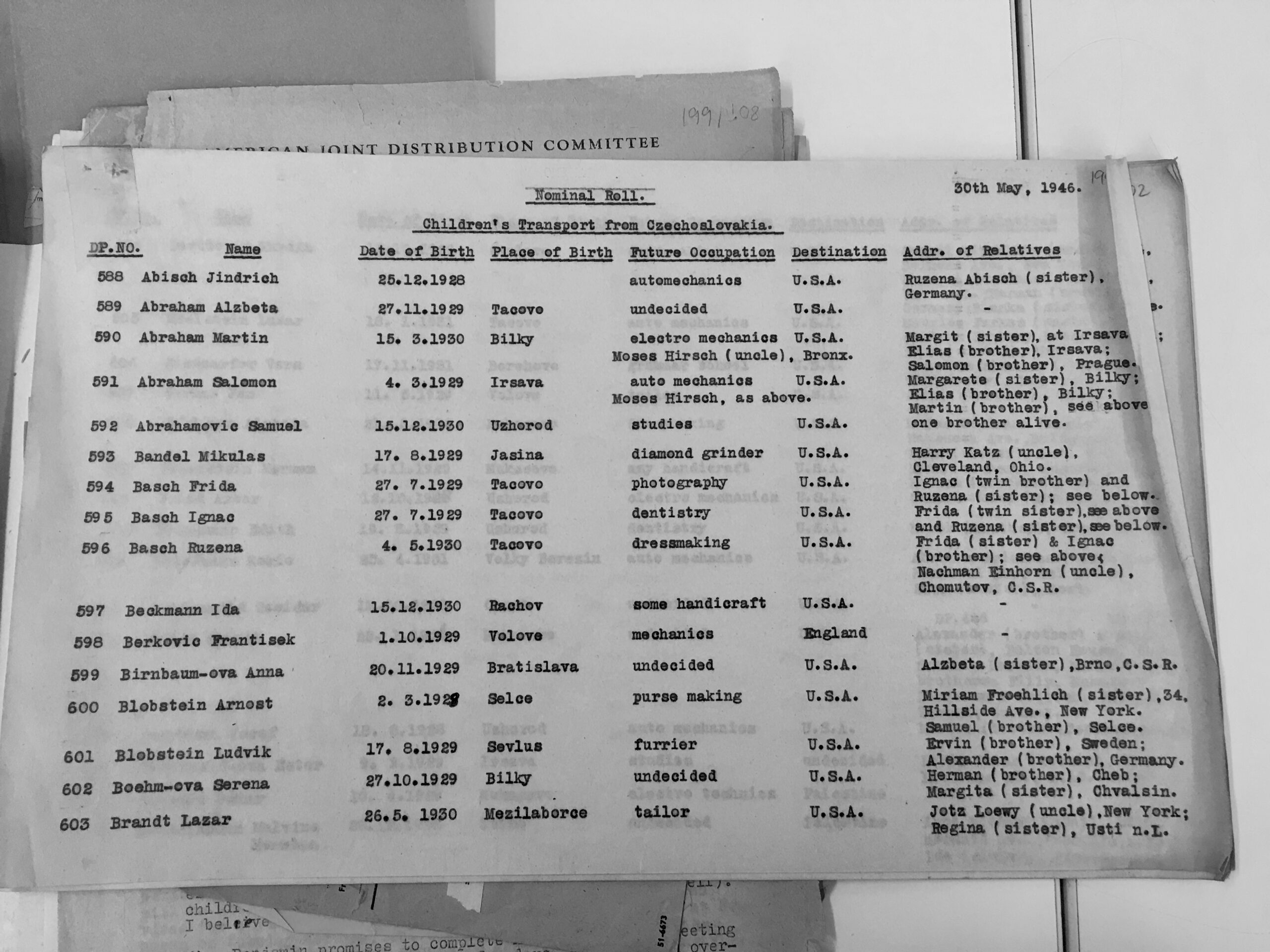 Photograph of the list of the fourth group of the Boys in the London Metropolitan Archives.