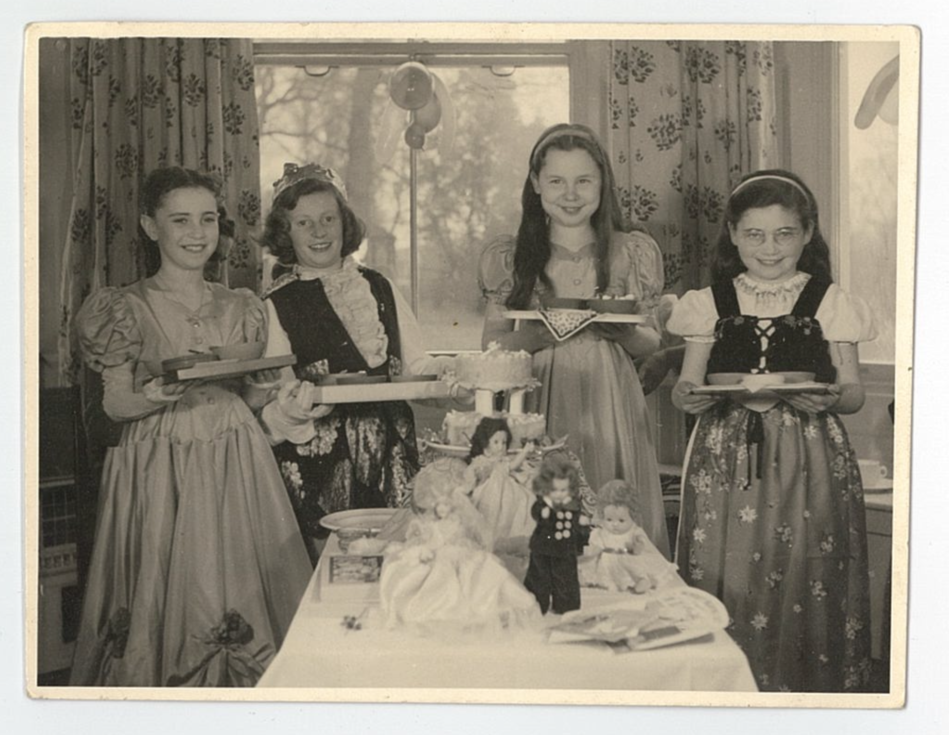 Photograph of Renate Strausz four girls in costume England ca 1946