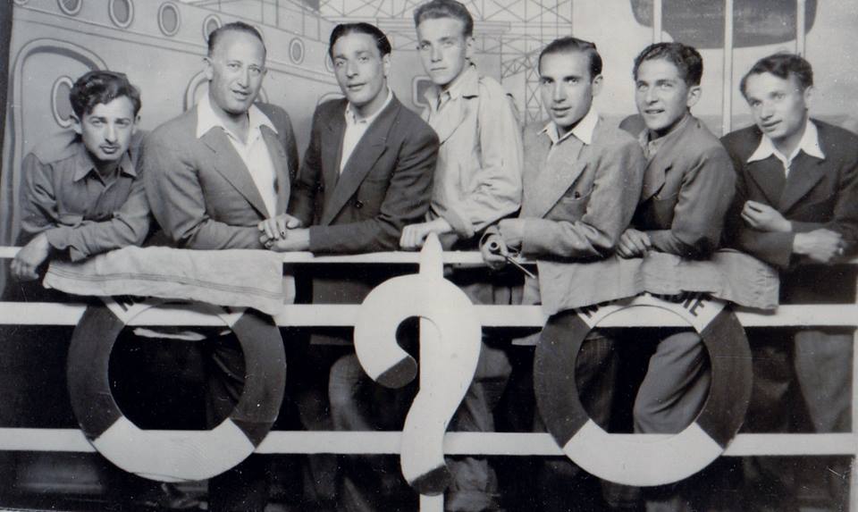 First right, Szlamek Kuszerman, 3rd right, Alf Kirszberg and friends