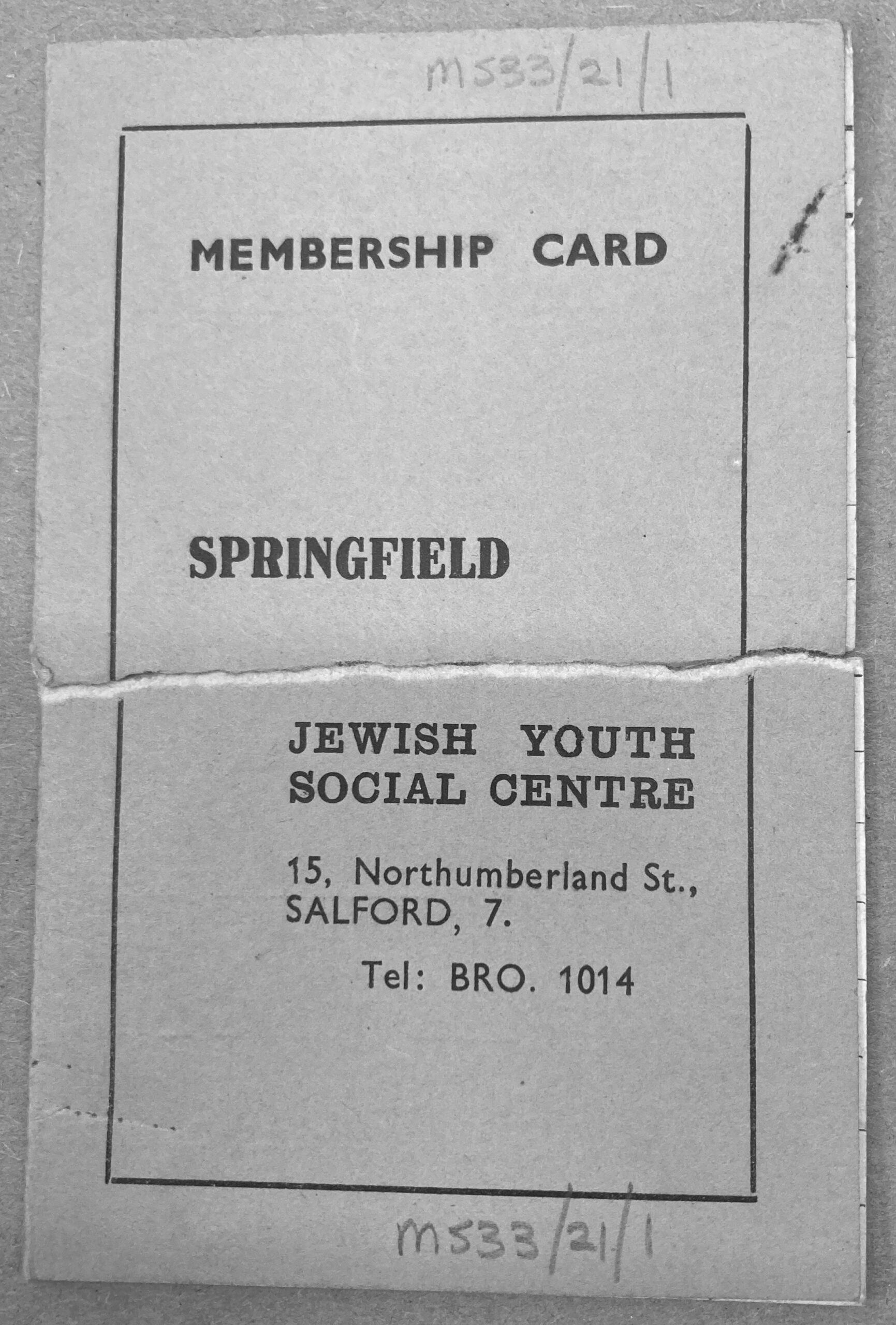 Photograph of a Springfield Club membership card (Manchester City Council Archives).