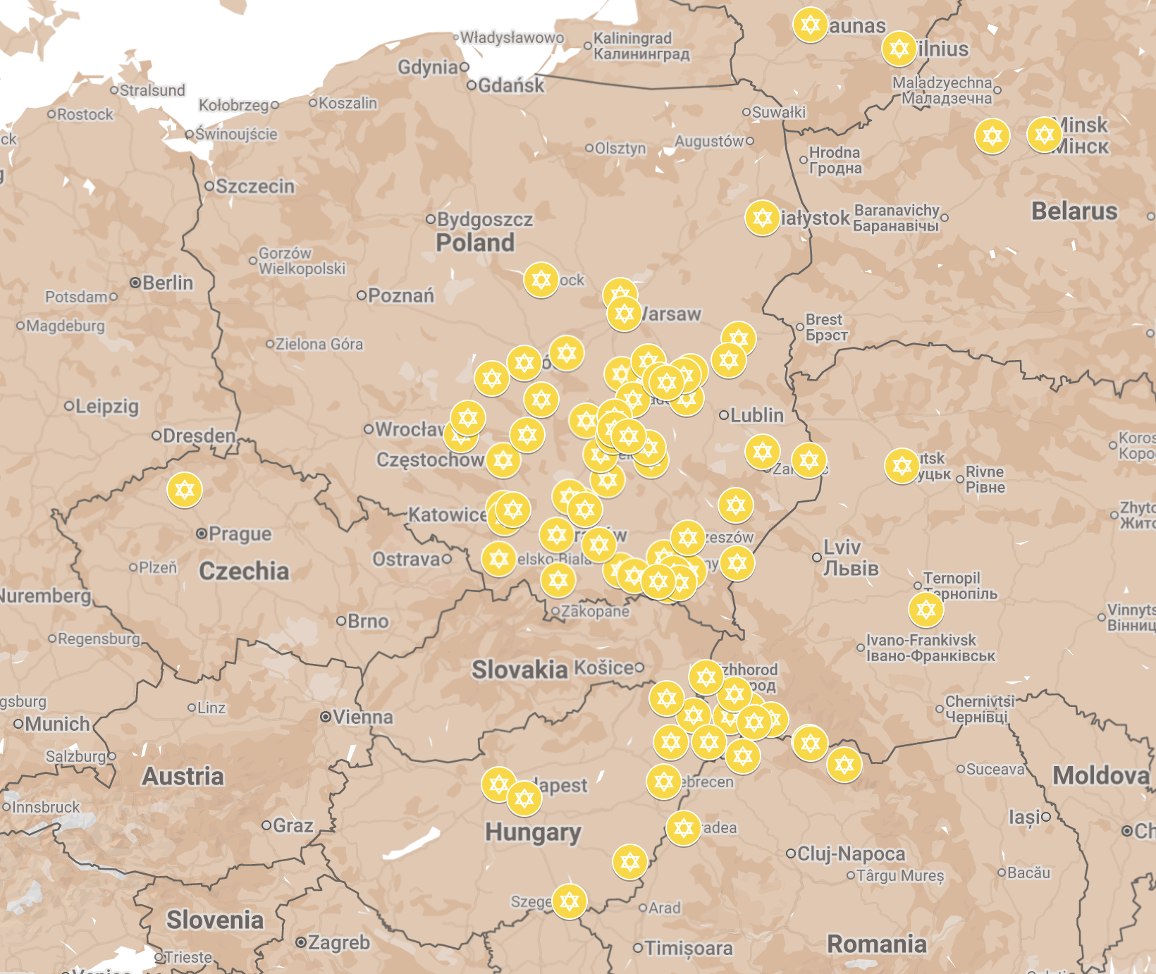 Map of the ghettos in which members of the Boys were imprisoned.